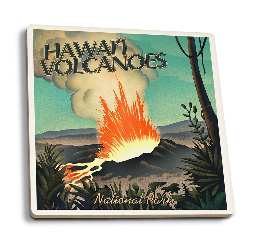 Hawaii Volcanoes National Park, Lithograph National Park Series, Lantern Press Artwork, Coaster Set Coasters Lantern Press 