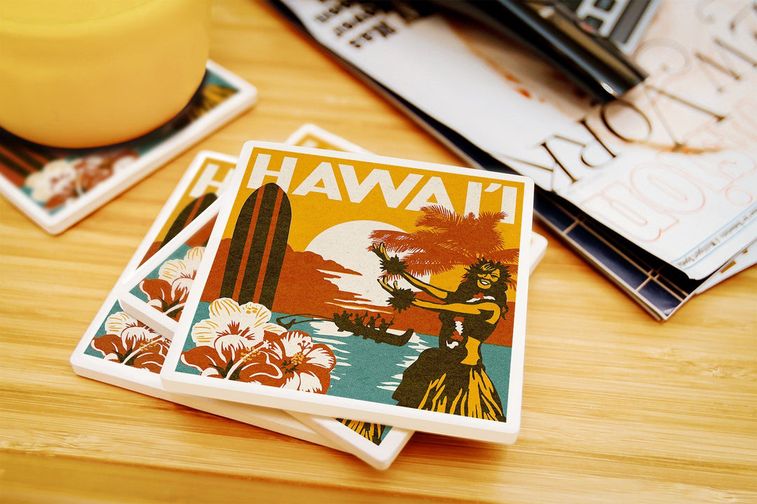 Hawai'i, Woodblock, Lantern Press Artwork, Coaster Set Coasters Lantern Press 