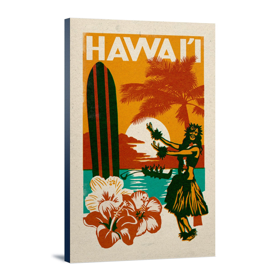 Hawai'i, Woodblock, Lantern Press Artwork, Stretched Canvas Canvas Lantern Press 12x18 Stretched Canvas 