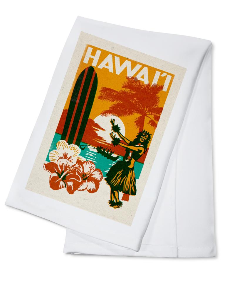 Hawai'i, Woodblock, Lantern Press Artwork, Towels and Aprons Kitchen Lantern Press Cotton Towel 