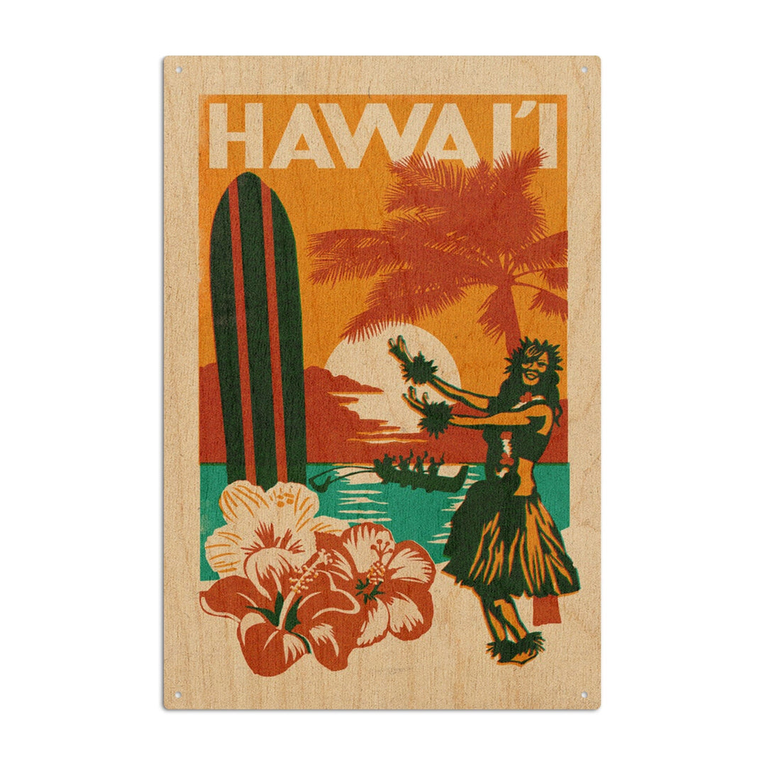 Hawai'i, Woodblock, Lantern Press Artwork, Wood Signs and Postcards Wood Lantern Press 10 x 15 Wood Sign 