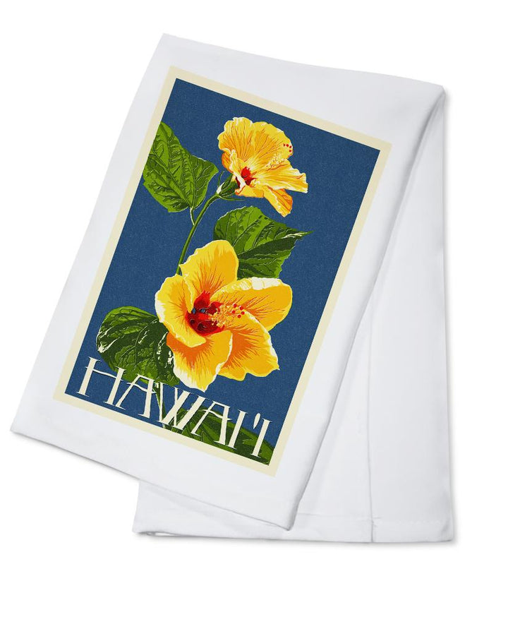 Hawaii, Yellow Hibiscus Flower Letterpress, Lantern Press Artwork, Towels and Aprons Kitchen Lantern Press Cotton Towel 
