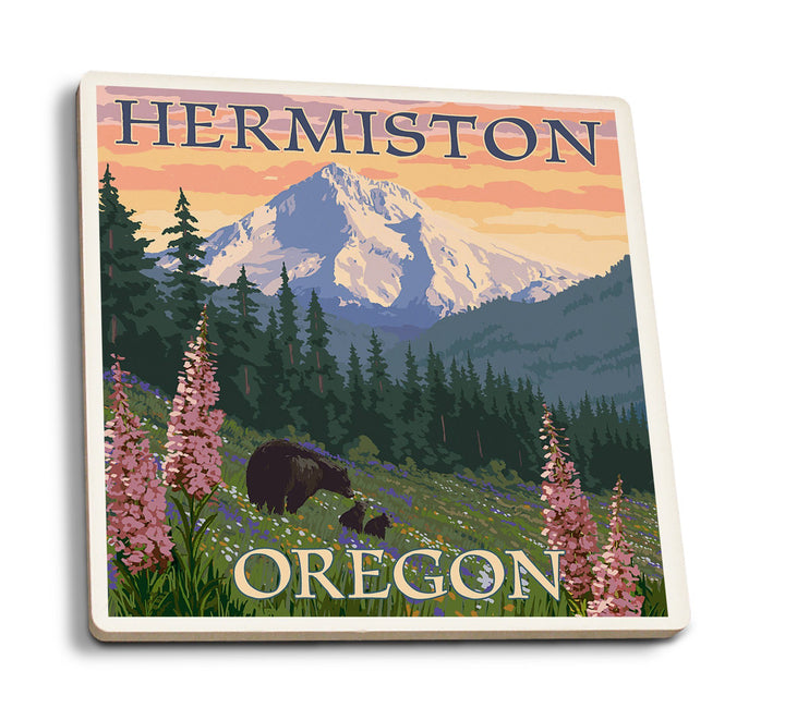 Hermiston, Oregon, Bear Family & Spring Flowers, Lantern Press Artwork, Coaster Set Coasters Lantern Press 