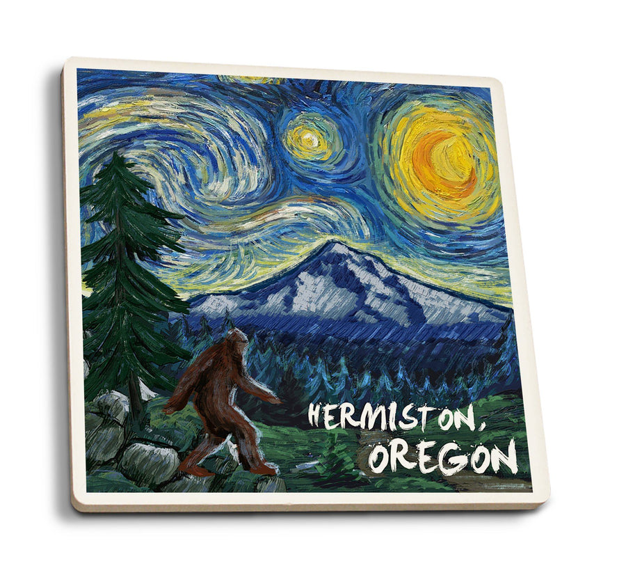 Hermiston, Oregon, Bigfoot, Starry Night, Lantern Press Artwork, Coaster Set Coasters Lantern Press 