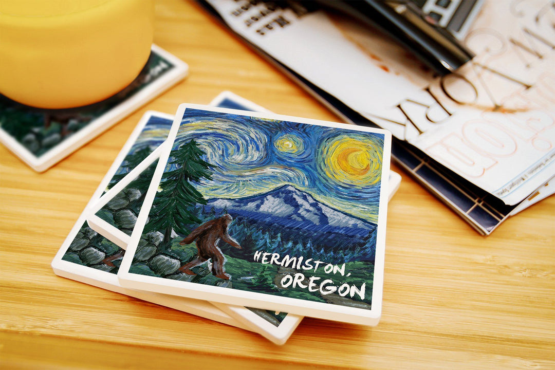 Hermiston, Oregon, Bigfoot, Starry Night, Lantern Press Artwork, Coaster Set Coasters Lantern Press 