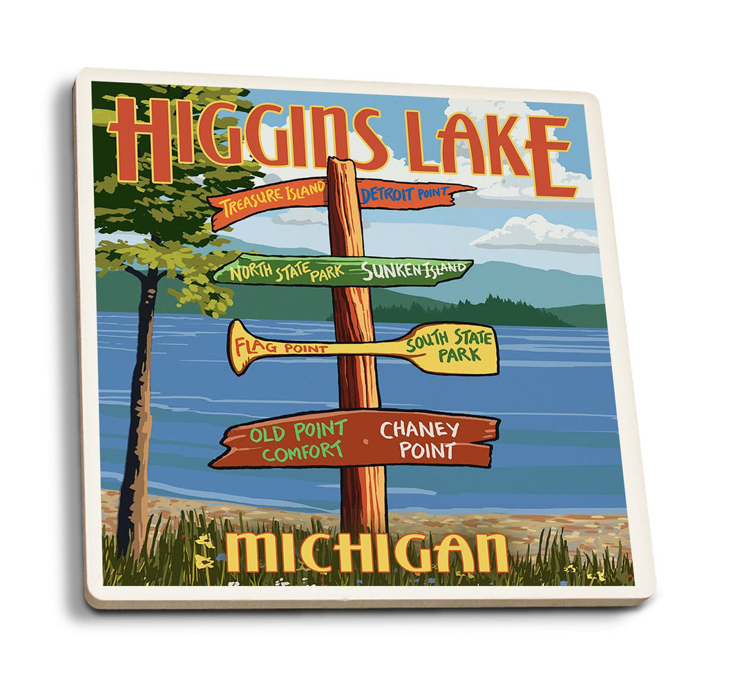 Higgins Lake, Michigan, Destinations Sign, Lantern Press Artwork, Coaster Set Coasters Lantern Press 