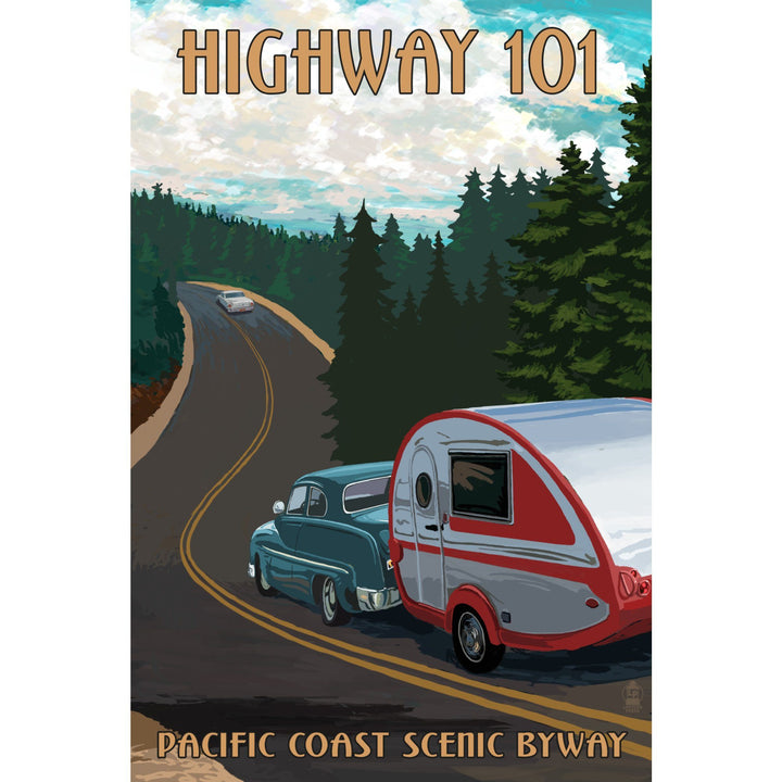 Highway 101, Pacific Coast Scenic Byway, Retro Camper, Lantern Press Artwork, Stretched Canvas Canvas Lantern Press 