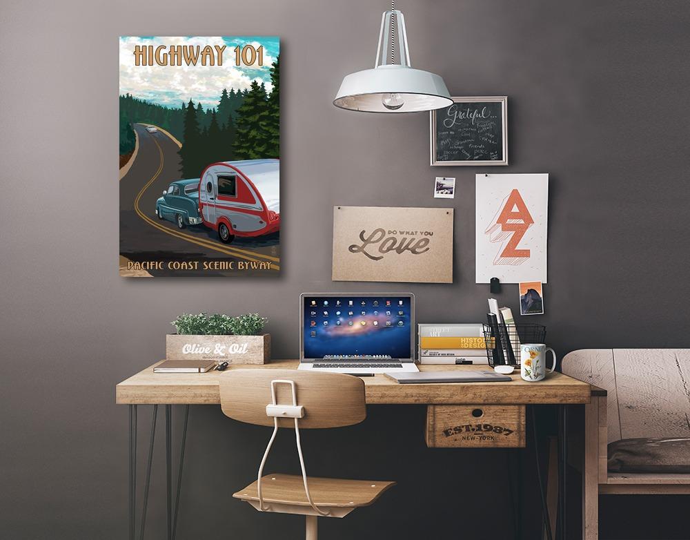 Highway 101, Pacific Coast Scenic Byway, Retro Camper, Lantern Press Artwork, Stretched Canvas Canvas Lantern Press 