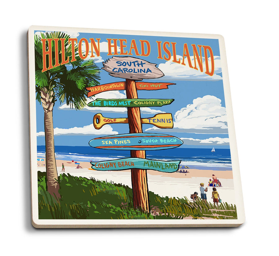 Hilton Head Island, South Carolina, Destinations Sign, Lantern Press Artwork, Coaster Set Coasters Lantern Press 