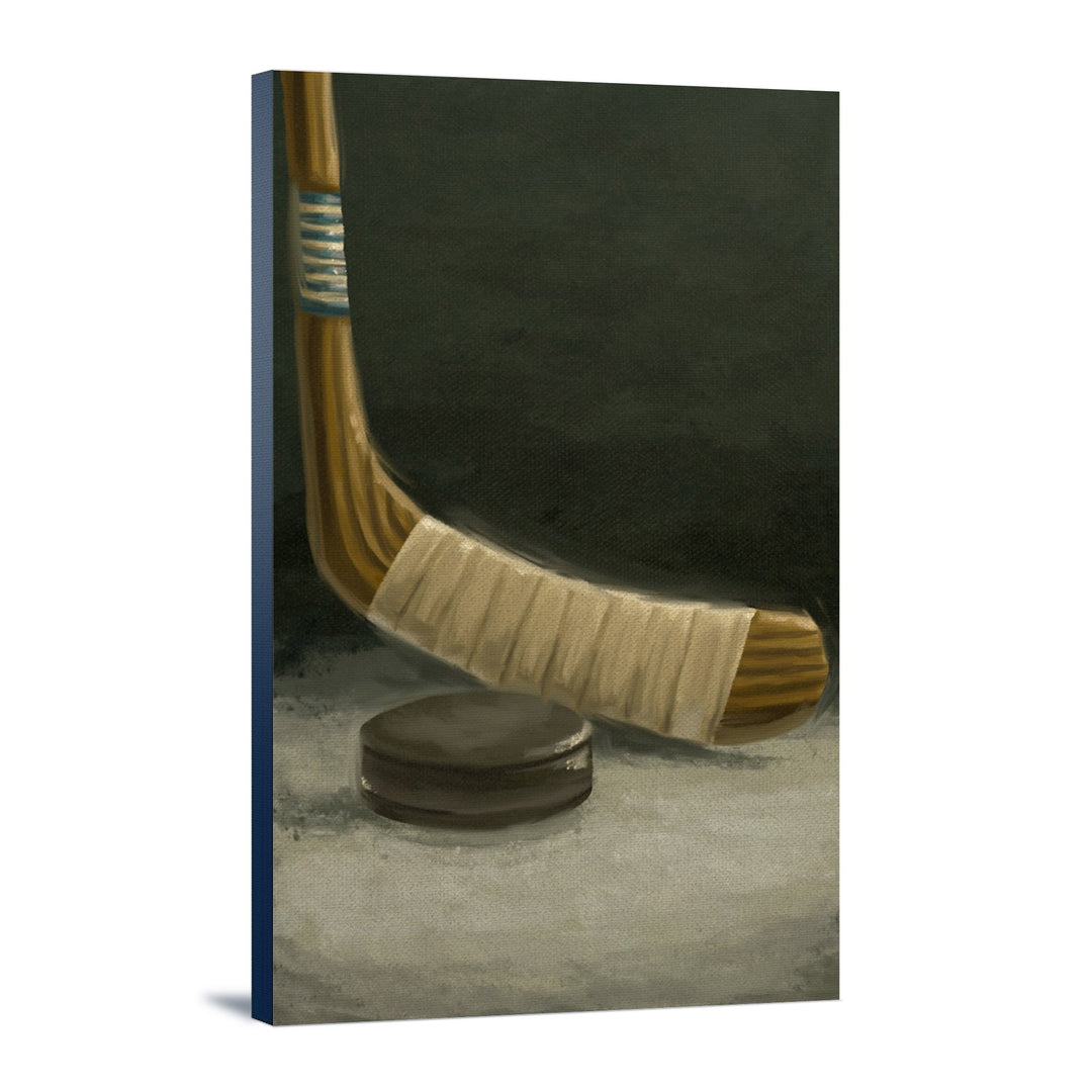 Hockey Stick & Puck, Oil Painting, Lantern Press Artwork, Stretched Canvas Canvas Lantern Press 12x18 Stretched Canvas 
