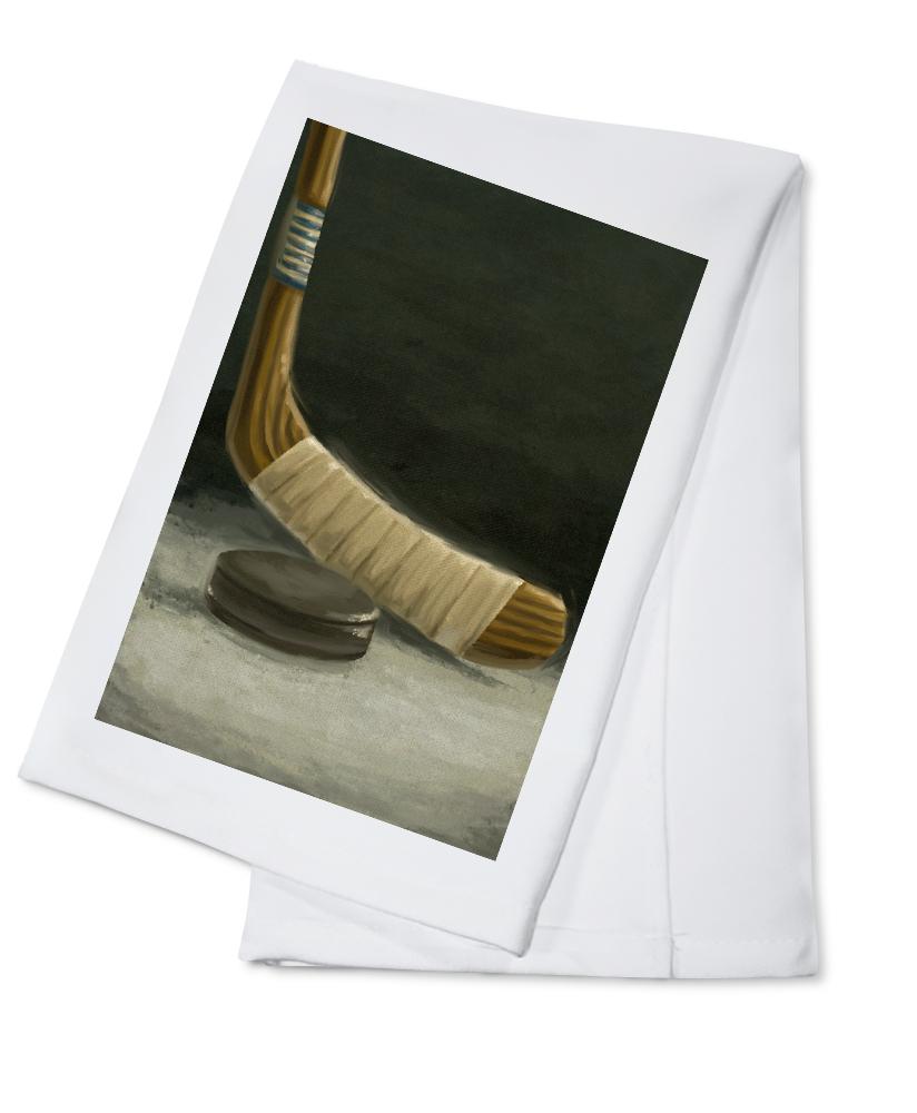 Hockey Stick & Puck, Oil Painting, Lantern Press Artwork, Towels and Aprons Kitchen Lantern Press Cotton Towel 