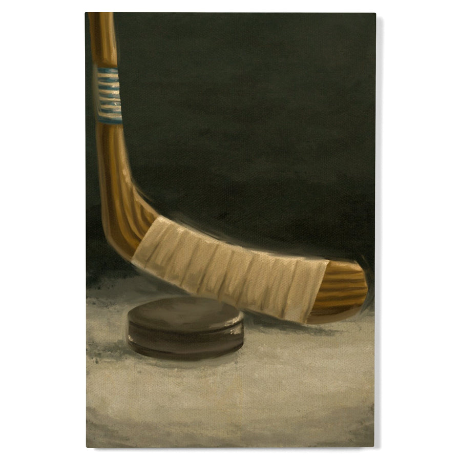 Hockey Stick & Puck, Oil Painting, Lantern Press Artwork, Wood Signs and Postcards Wood Lantern Press 