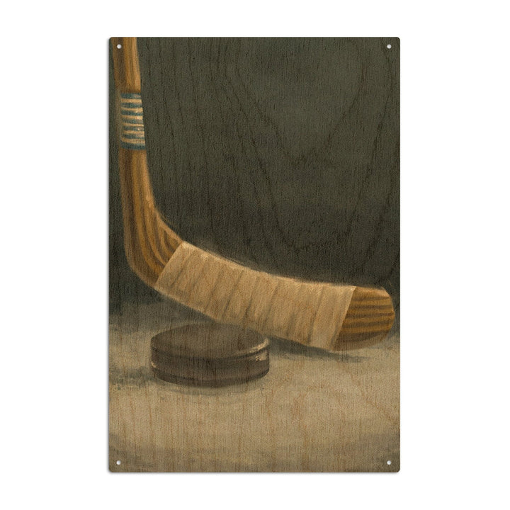 Hockey Stick & Puck, Oil Painting, Lantern Press Artwork, Wood Signs and Postcards Wood Lantern Press 6x9 Wood Sign 