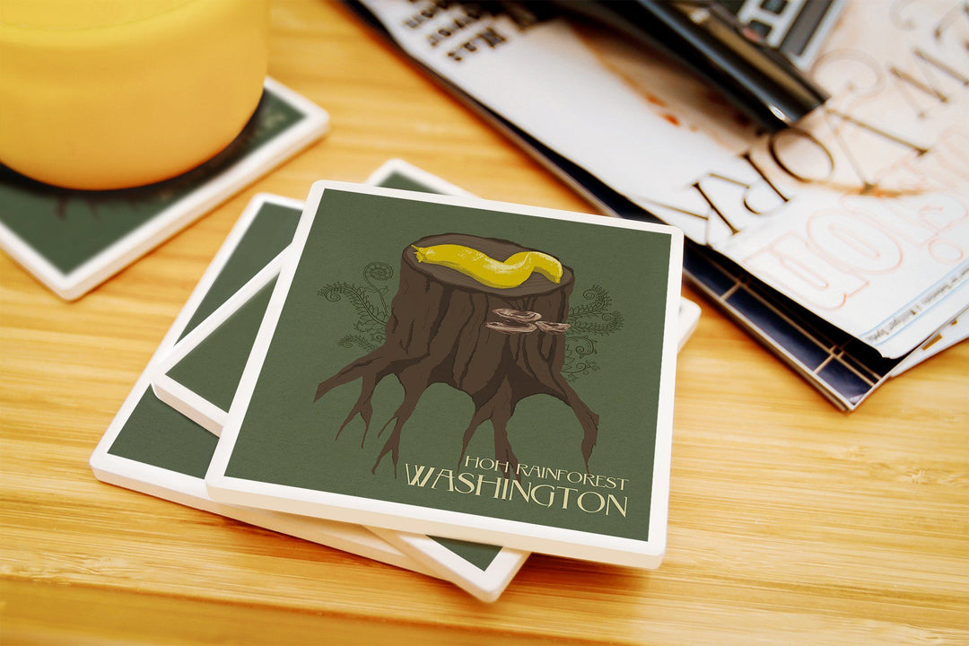 Hoh Rainforest, Washington, Banana Slug, Letterpress, Lantern Press Poster, Coaster Set Coasters Lantern Press 