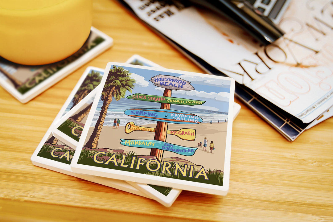 Hollywood Beach, California, Destination Sign, Lantern Press Artwork, Coaster Set Coasters Lantern Press 