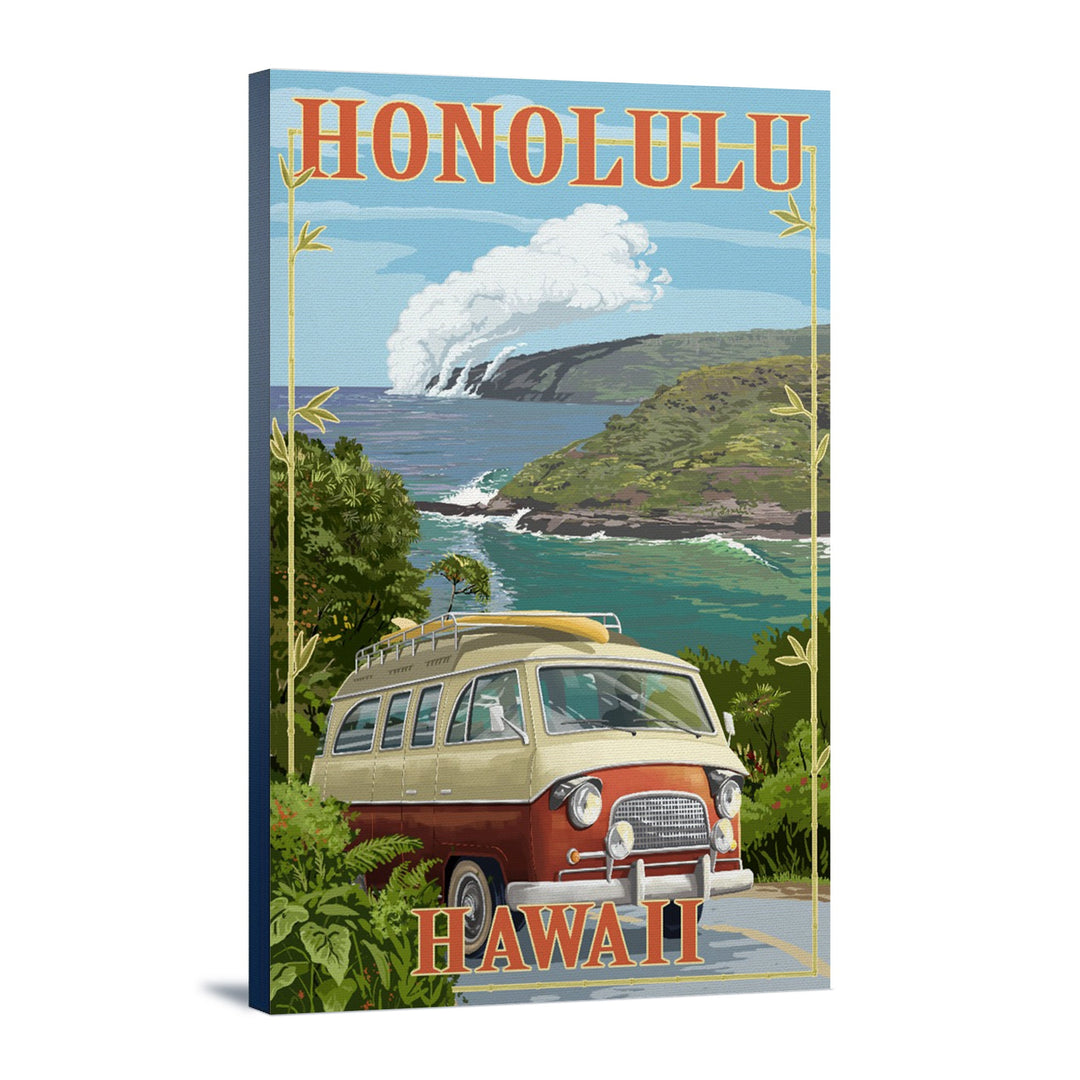 Honolulu, Hawaii, Camper Van, Lantern Press Artwork, Stretched Canvas Canvas Lantern Press 12x18 Stretched Canvas 