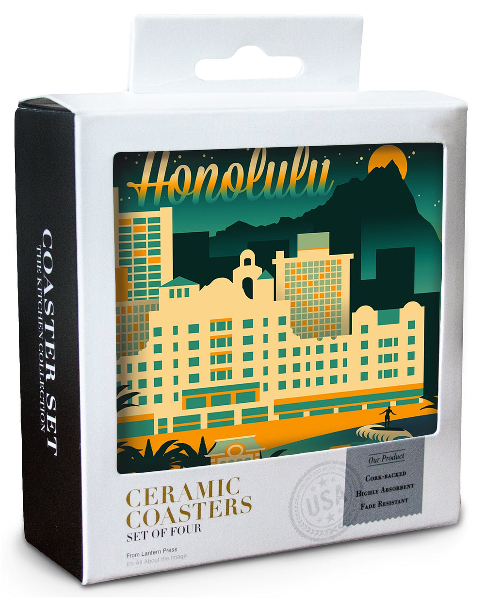 Honolulu, Hawaii, Retro Skyline Chromatic Series, Lantern Press Artwork, Coaster Set Coasters Lantern Press 