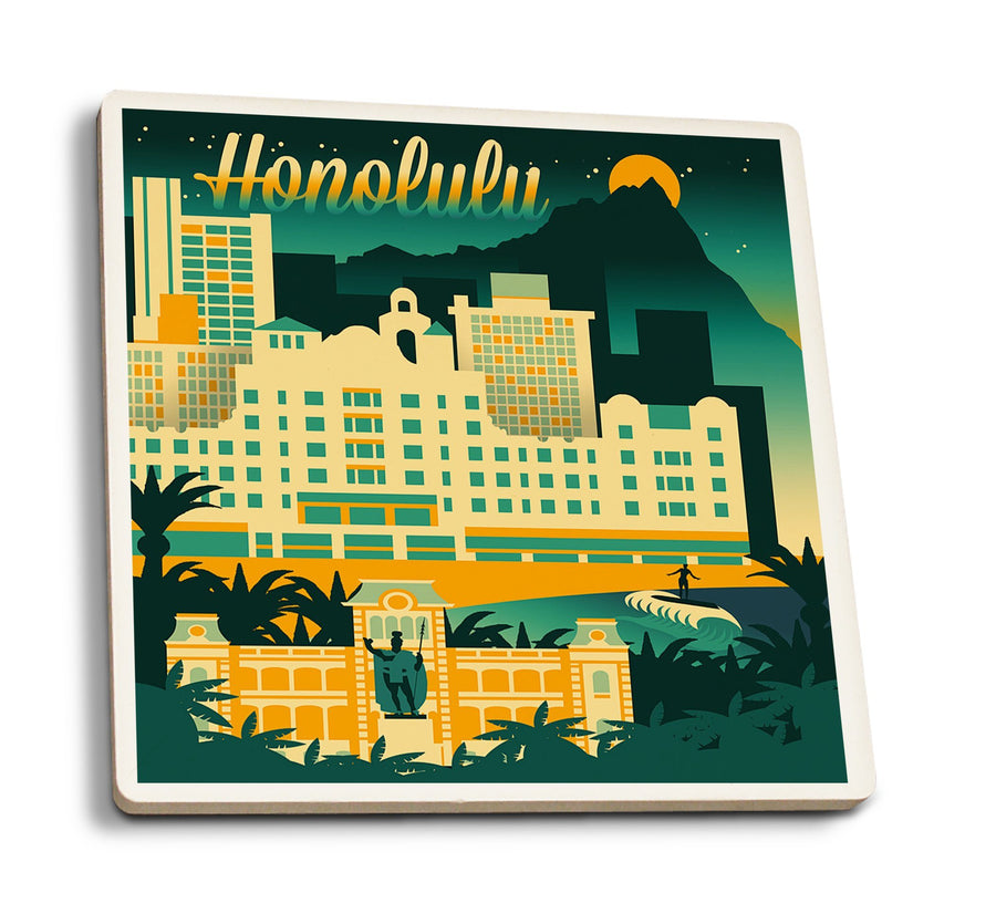 Honolulu, Hawaii, Retro Skyline Chromatic Series, Lantern Press Artwork, Coaster Set Coasters Lantern Press 