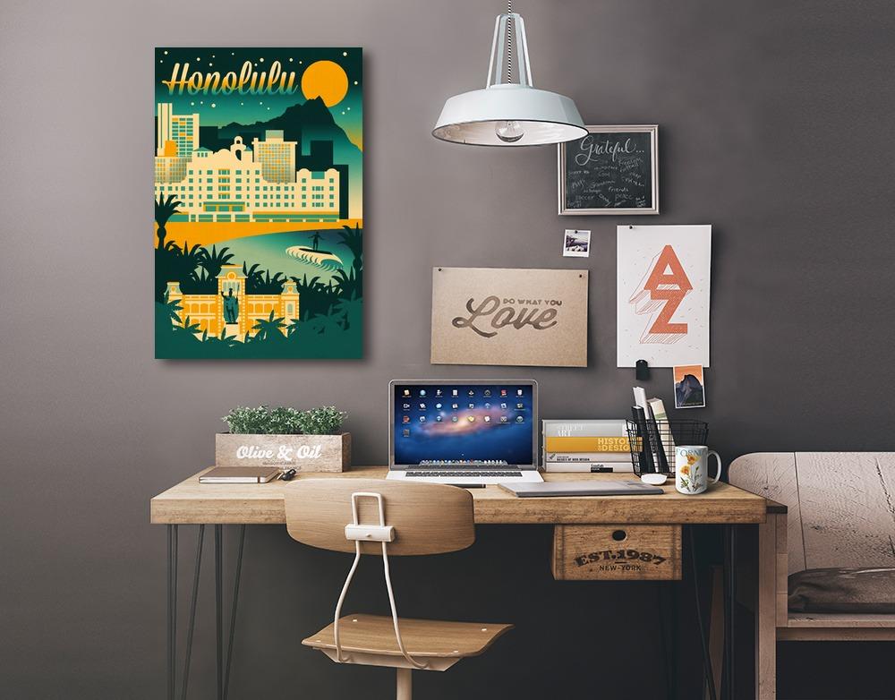 Honolulu, Hawaii, Retro Skyline Chromatic Series, Lantern Press Artwork, Stretched Canvas Canvas Lantern Press 