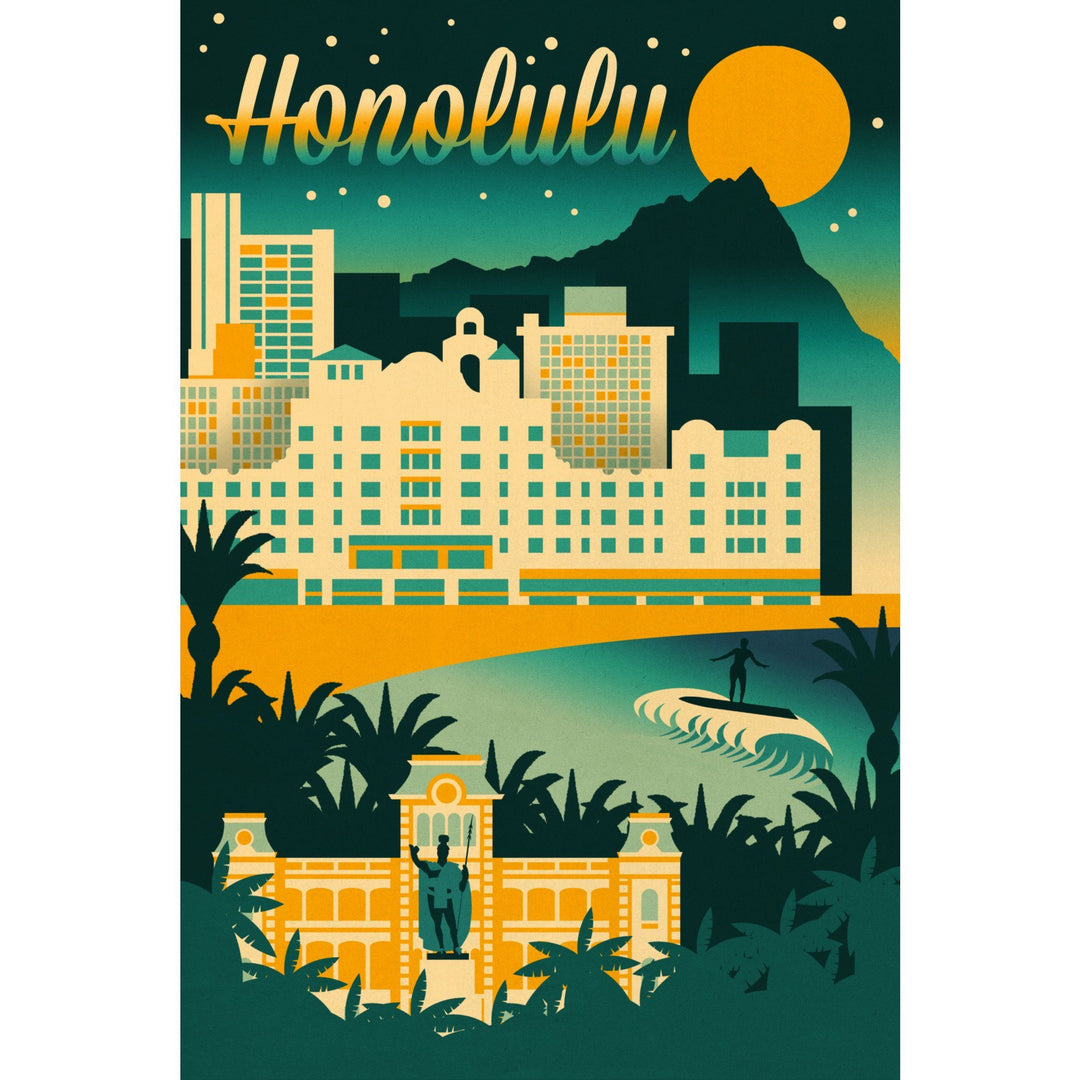 Honolulu, Hawaii, Retro Skyline Chromatic Series, Lantern Press Artwork, Stretched Canvas Canvas Lantern Press 