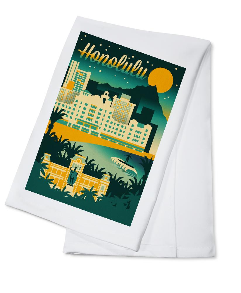 Honolulu, Hawaii, Retro Skyline Chromatic Series, Lantern Press Artwork, Towels and Aprons Kitchen Lantern Press Cotton Towel 