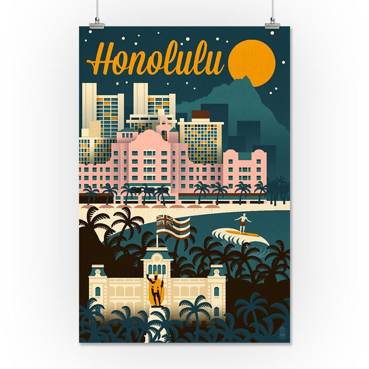 Honolulu, Hawaii, Retro Skyline, Lantern Press Artwork, Art Prints and Metal Signs Art Lantern Press 16 x 24 Giclee Print 