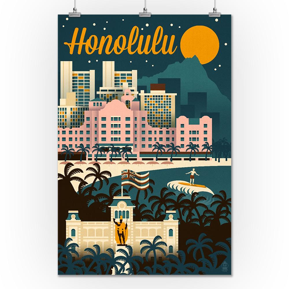 Honolulu, Hawaii, Retro Skyline, Lantern Press Artwork, Art Prints and Metal Signs Art Lantern Press 24 x 36 Giclee Print 