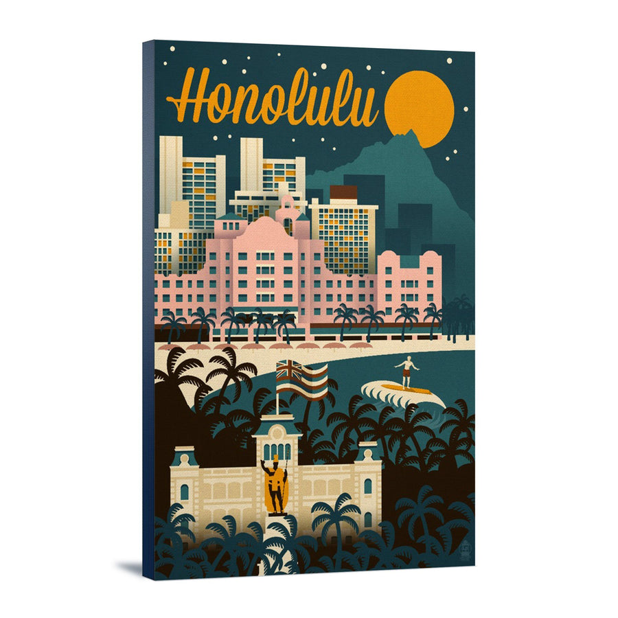 Honolulu, Hawaii, Retro Skyline, Lantern Press Artwork Canvas Lantern Press 