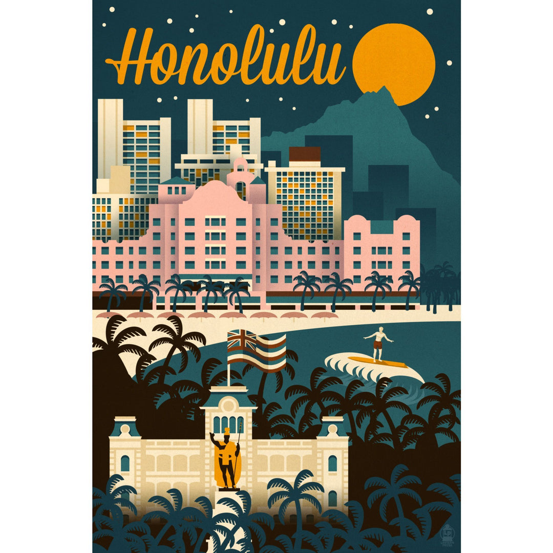 Honolulu, Hawaii, Retro Skyline, Lantern Press Artwork Canvas Lantern Press 