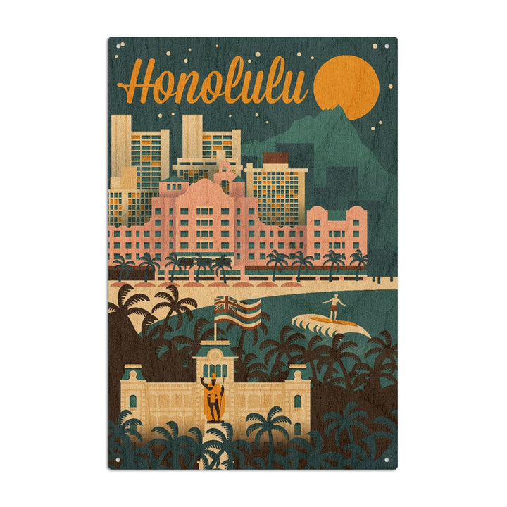 Honolulu, Hawaii, Retro Skyline, Lantern Press Artwork, Wood Signs and Postcards Wood Lantern Press 10 x 15 Wood Sign 