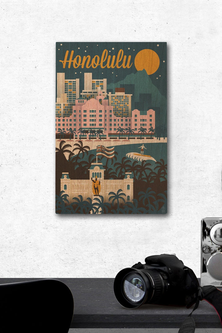 Honolulu, Hawaii, Retro Skyline, Lantern Press Artwork, Wood Signs and Postcards Wood Lantern Press 12 x 18 Wood Gallery Print 