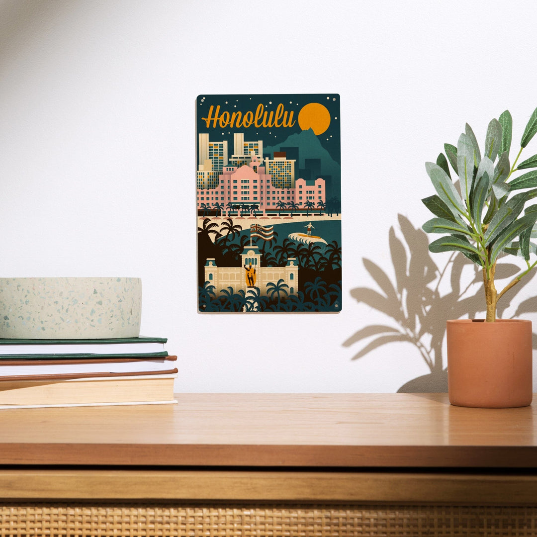 Honolulu, Hawaii, Retro Skyline, Lantern Press Artwork, Wood Signs and Postcards Wood Lantern Press 