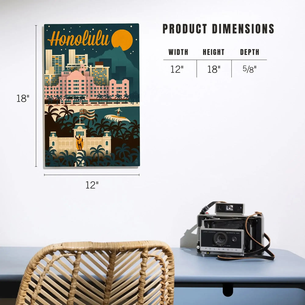 Honolulu, Hawaii, Retro Skyline, Lantern Press Artwork, Wood Signs and Postcards - Lantern Press