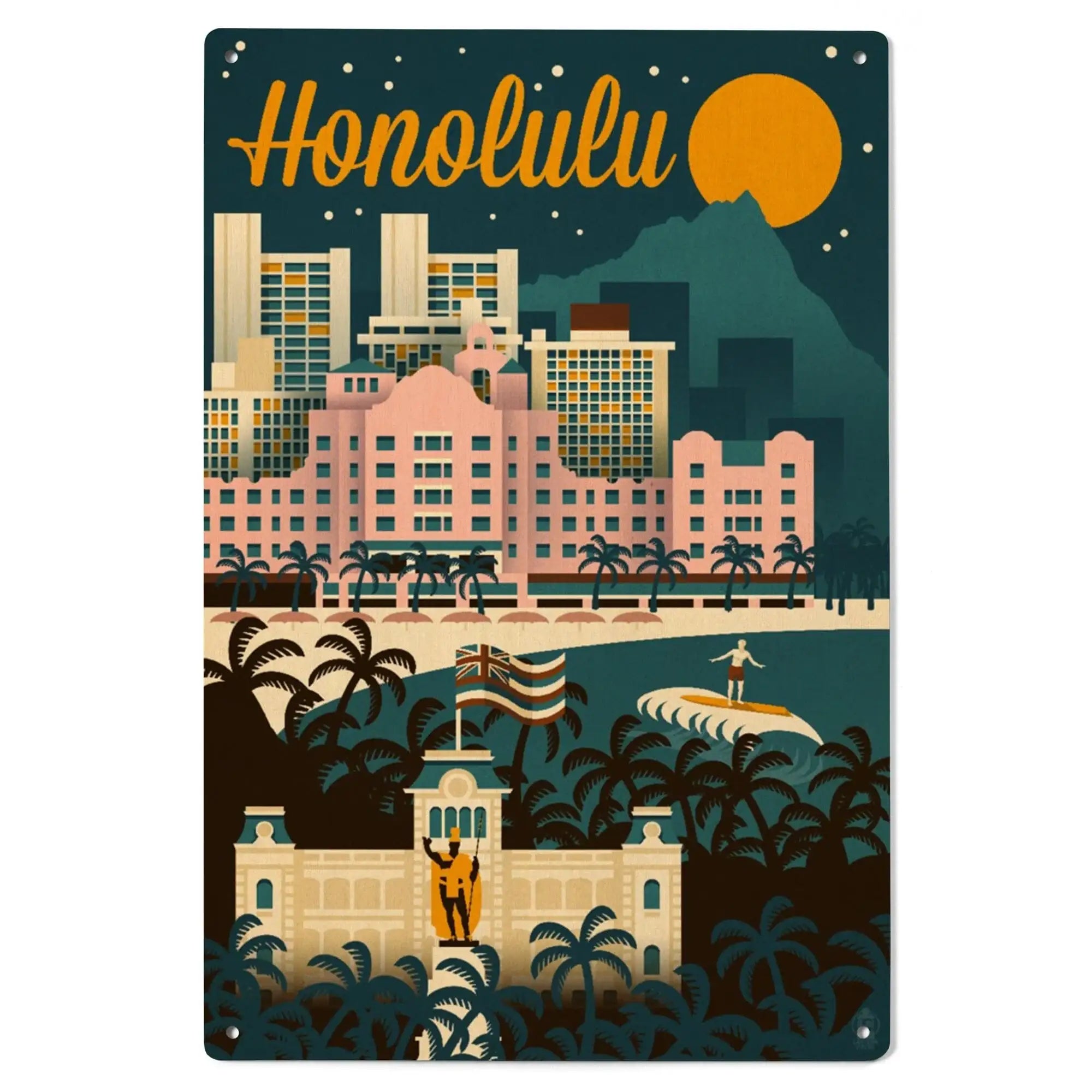 Honolulu, Hawaii, Retro Skyline, Lantern Press Artwork, Wood Signs and