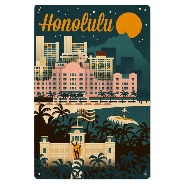 Honolulu, Hawaii, Retro Skyline, Lantern Press Artwork, Wood Signs and Postcards Wood Lantern Press 