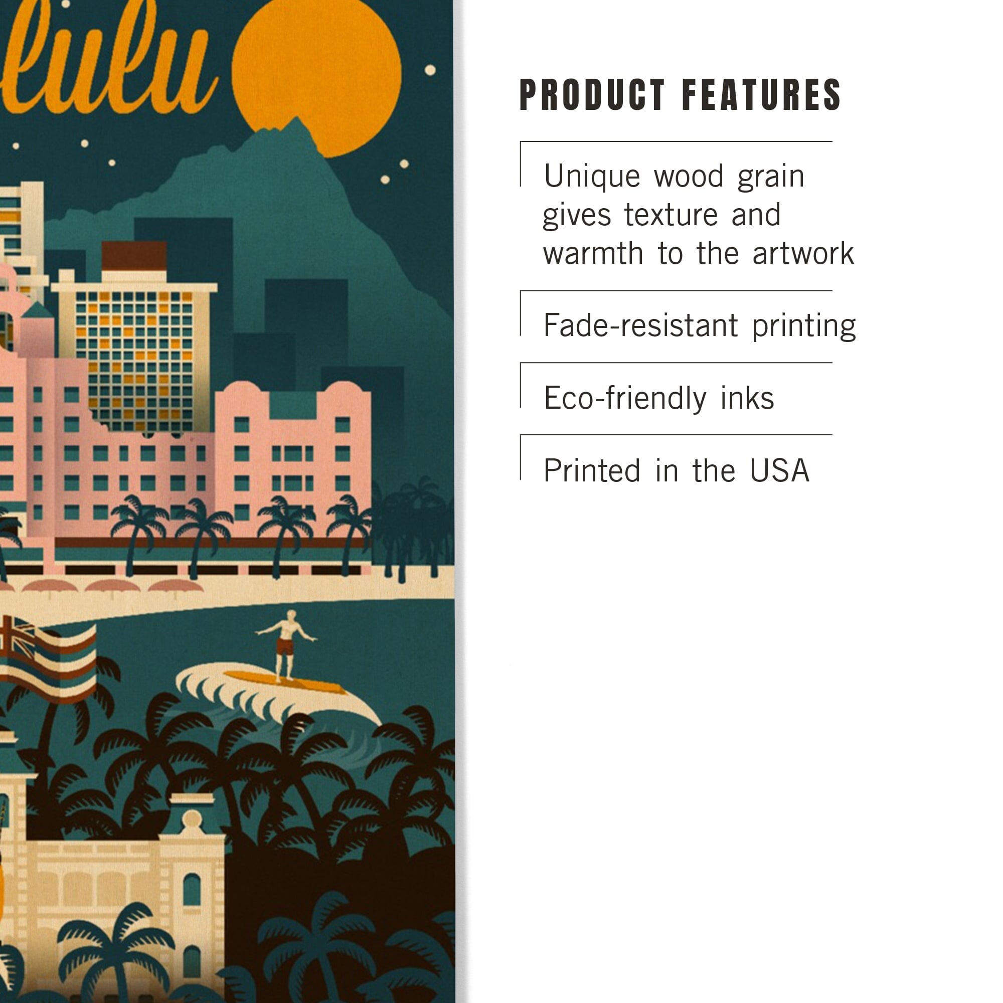Honolulu, Hawaii, Retro Skyline, Lantern Press Artwork, Wood