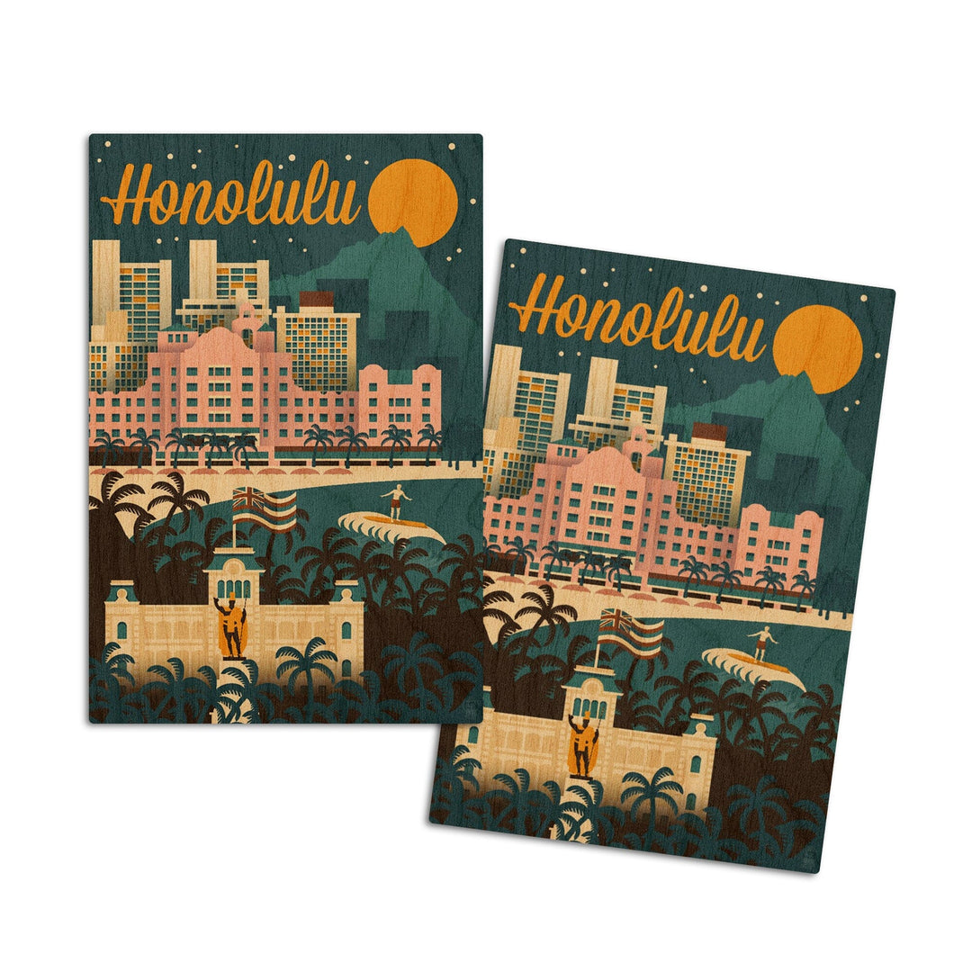 Honolulu, Hawaii, Retro Skyline, Lantern Press Artwork, Wood Signs and Postcards Wood Lantern Press 4x6 Wood Postcard Set 