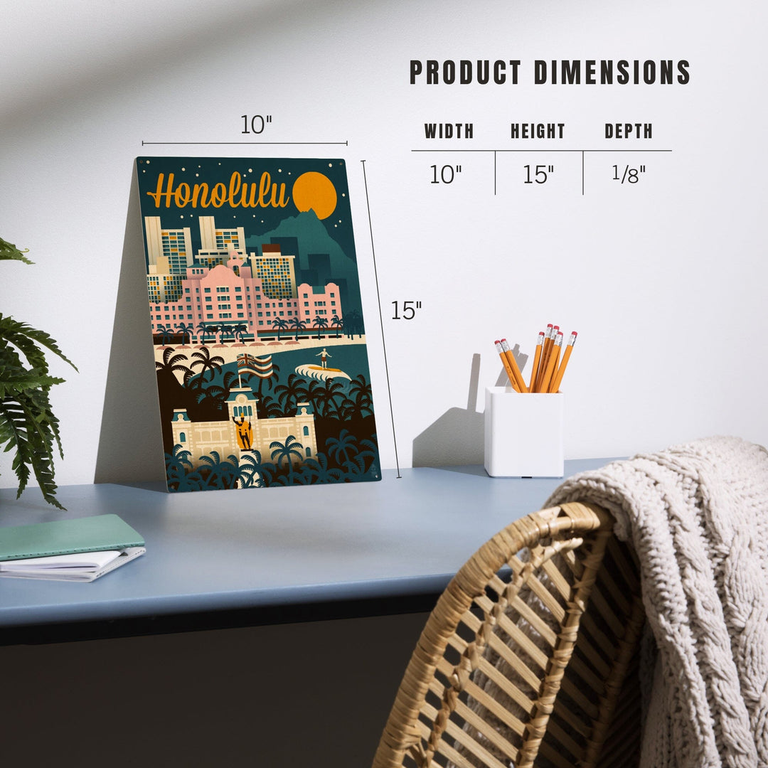 Honolulu, Hawaii, Retro Skyline, Lantern Press Artwork, Wood Signs and Postcards Wood Lantern Press 