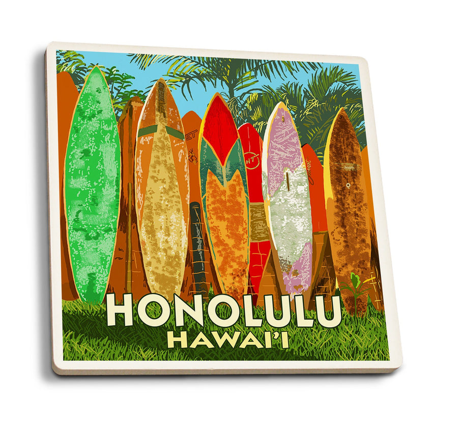 Honolulu, Hawaii, Surfboard Fence, Lantern Press Artwork, Coaster Set Coasters Lantern Press 