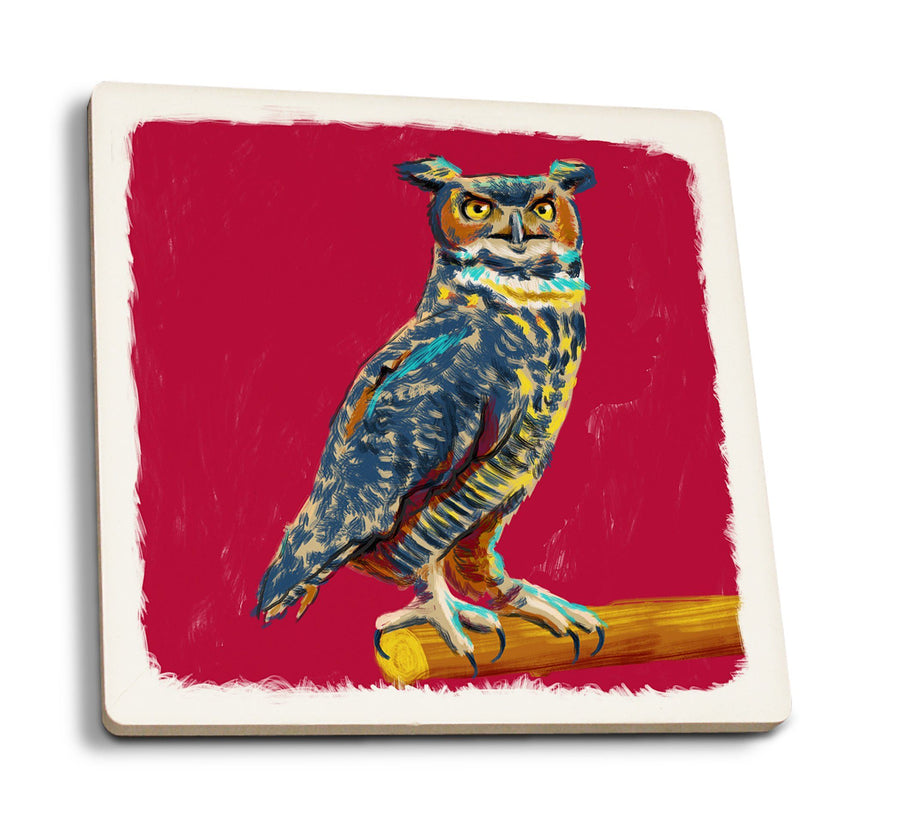 Horned Owl, Vivid Style, Lantern Press Artwork, Coaster Set Coasters Lantern Press 