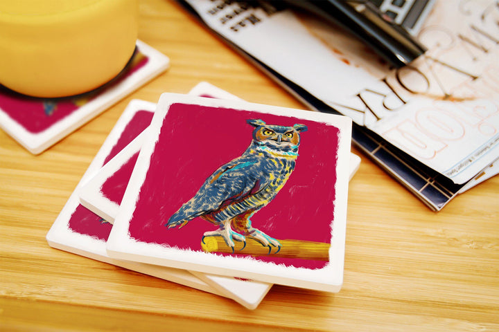 Horned Owl, Vivid Style, Lantern Press Artwork, Coaster Set Coasters Lantern Press 