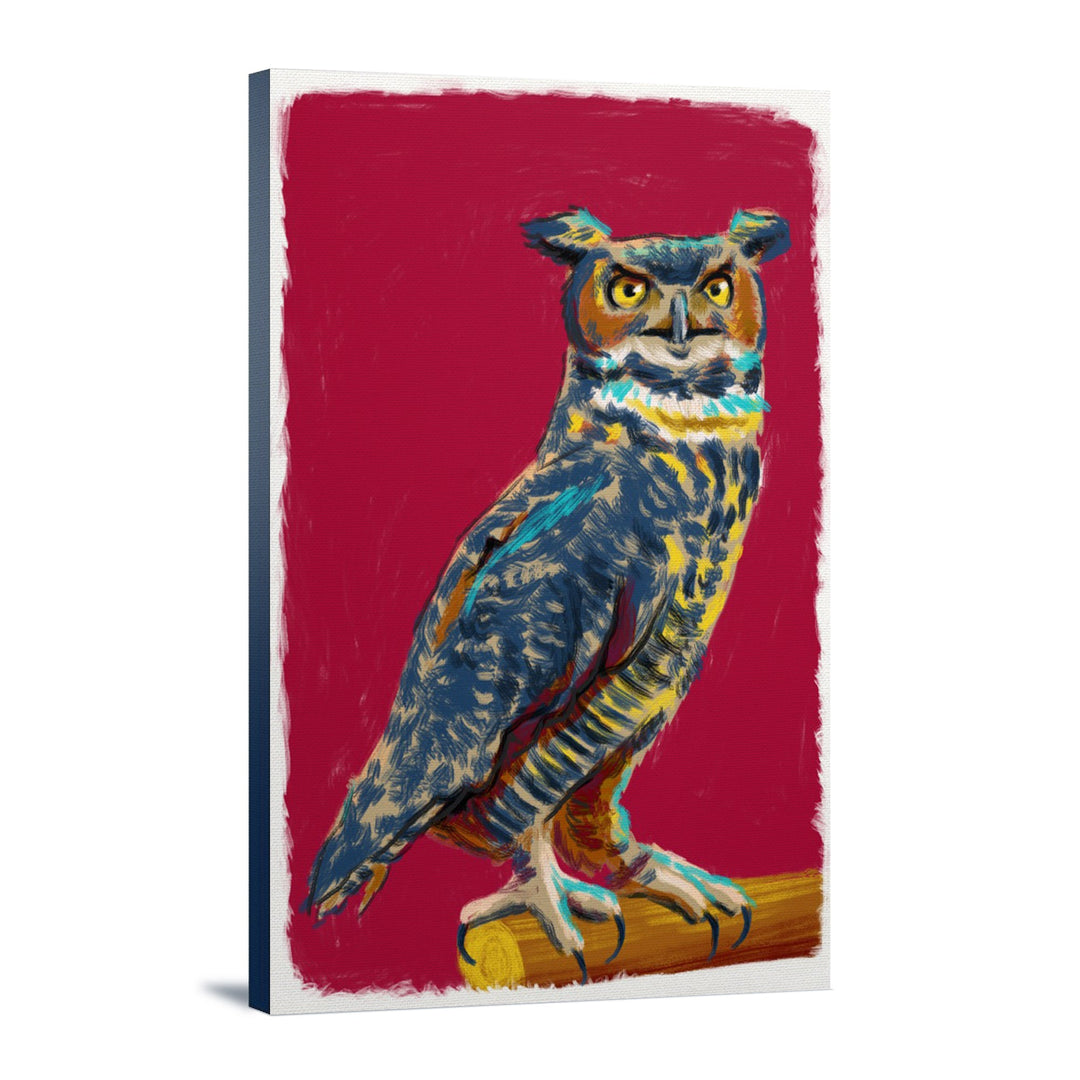 Horned Owl, Vivid Style, Lantern Press Artwork, Stretched Canvas Canvas Lantern Press 12x18 Stretched Canvas 
