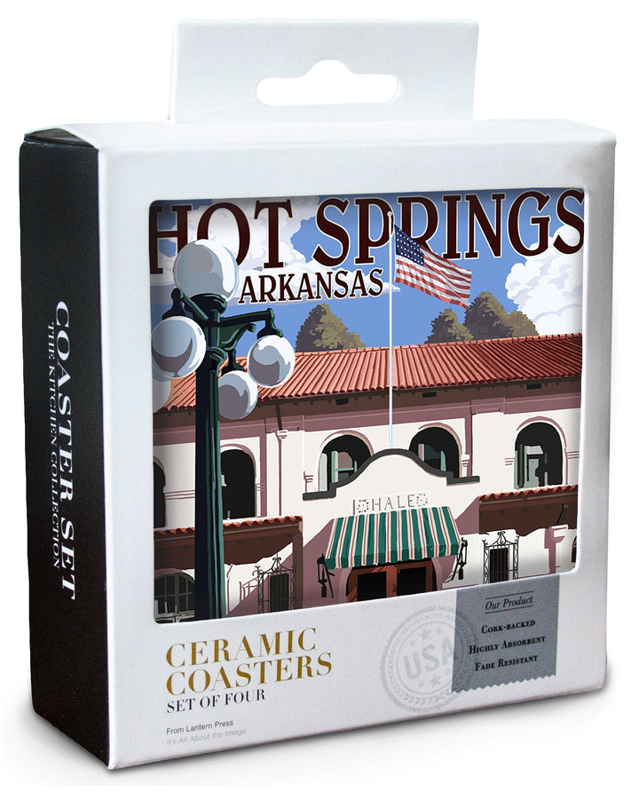 Hot Springs National Park, Arkansas, Hale Bathhouse, Lantern Press Artwork, Coaster Set Coasters Lantern Press 