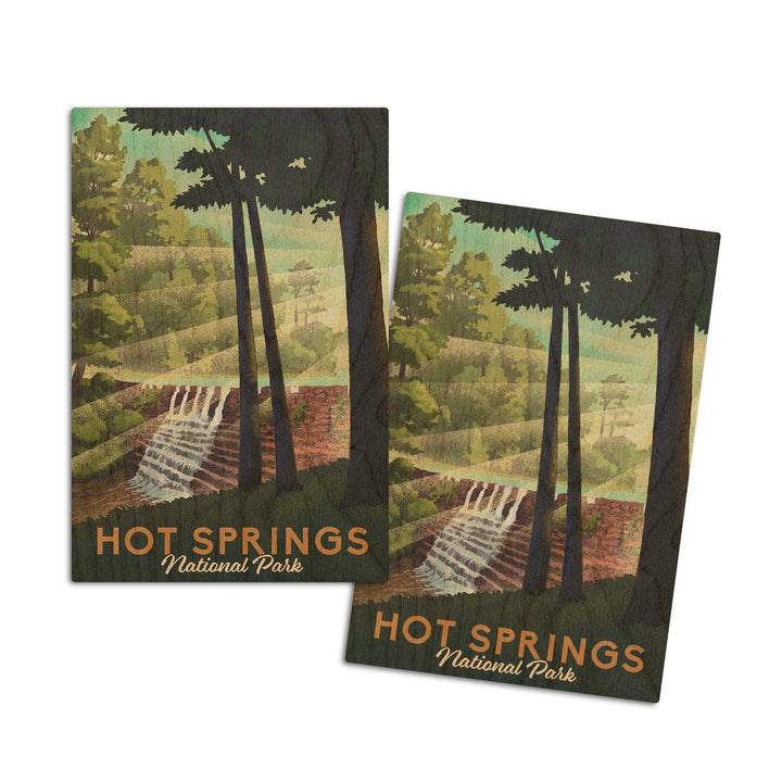 Hot Springs National Park, Arkansas, Lithograph National Park Series, Lantern Press Artwork, Wood Signs and Postcards Wood Lantern Press 4x6 Wood Postcard Set 