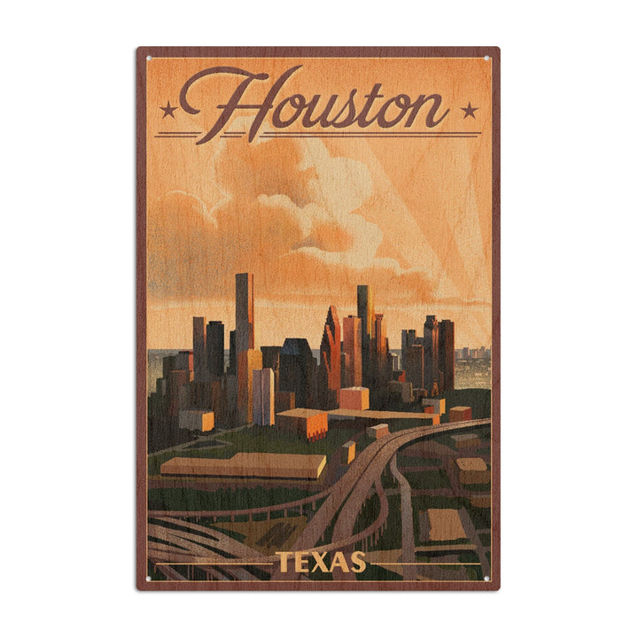 Houston, Texas, Lithograph, Lantern Press Artwork, Wood Signs and Postcards Wood Lantern Press 10 x 15 Wood Sign 