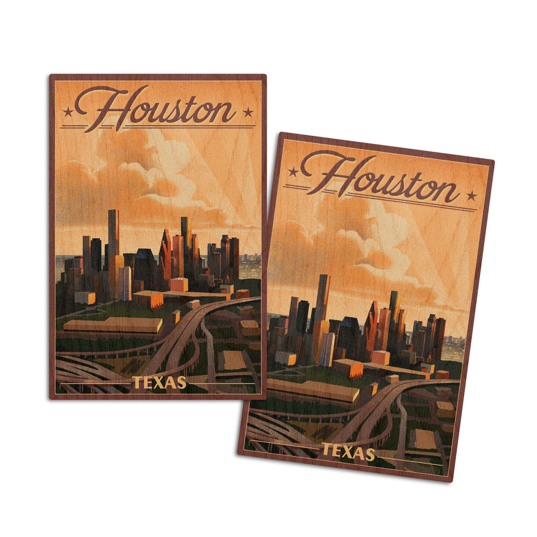 Houston, Texas, Lithograph, Lantern Press Artwork, Wood Signs and Postcards Wood Lantern Press 4x6 Wood Postcard Set 