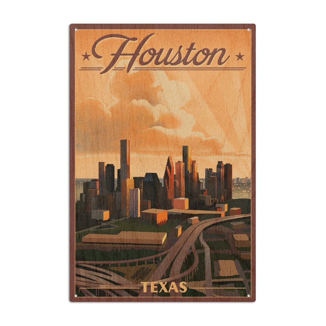 Houston, Texas, Lithograph, Lantern Press Artwork, Wood Signs and Postcards Wood Lantern Press 6x9 Wood Sign 