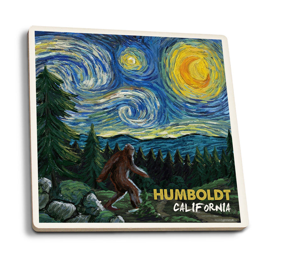 Humboldt, California, Bigfoot, Van Gogh Starry Night, Lantern Press Artwork, Coaster Set Coasters Lantern Press 