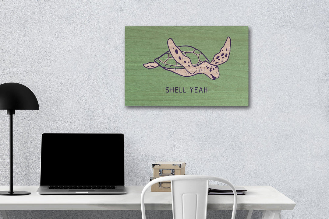 Humorous Animals Collection, Sea Turtle, Shell Yeah, Wood Signs and Postcards Wood Lantern Press 12 x 18 Wood Gallery Print 
