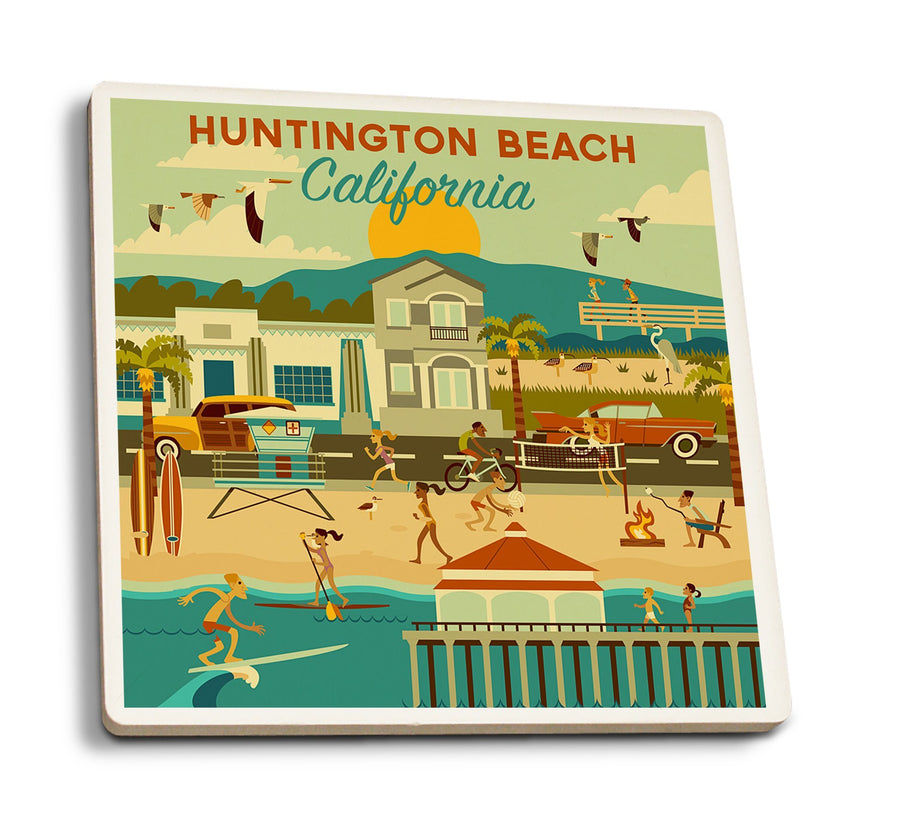 Huntington Beach, CA, Geometric City Series, Lantern Press Artwork, Coaster Set Coasters Lantern Press 